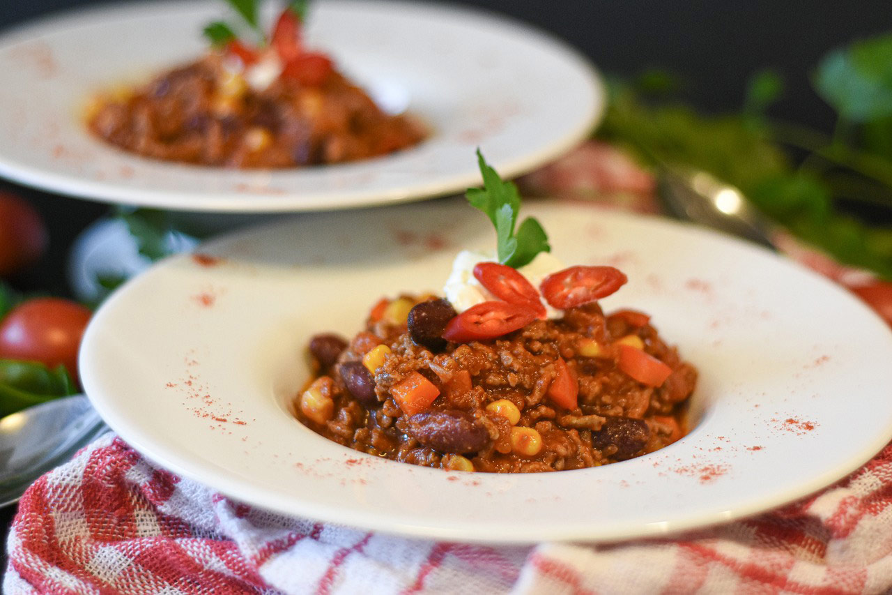 chili con carne closeup view