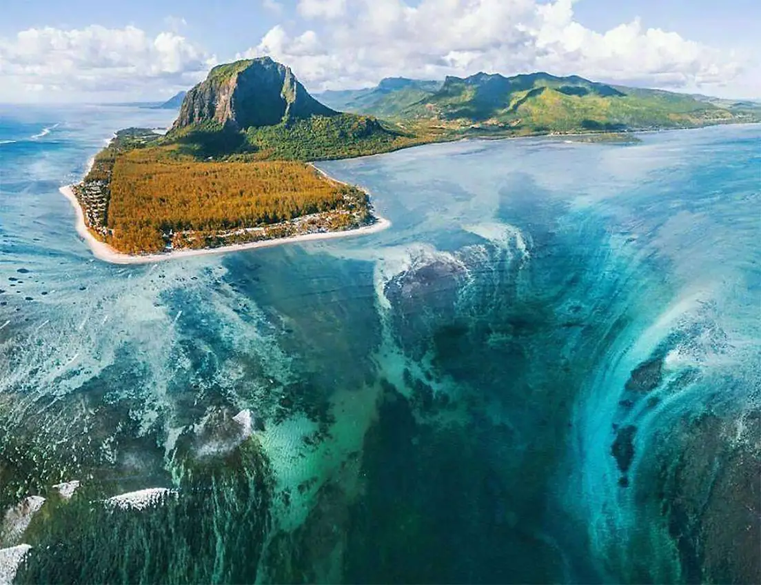 mauritius underwater waterfall aerial view 2