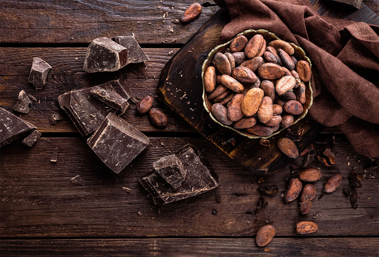 cocoa beans on wooden desks